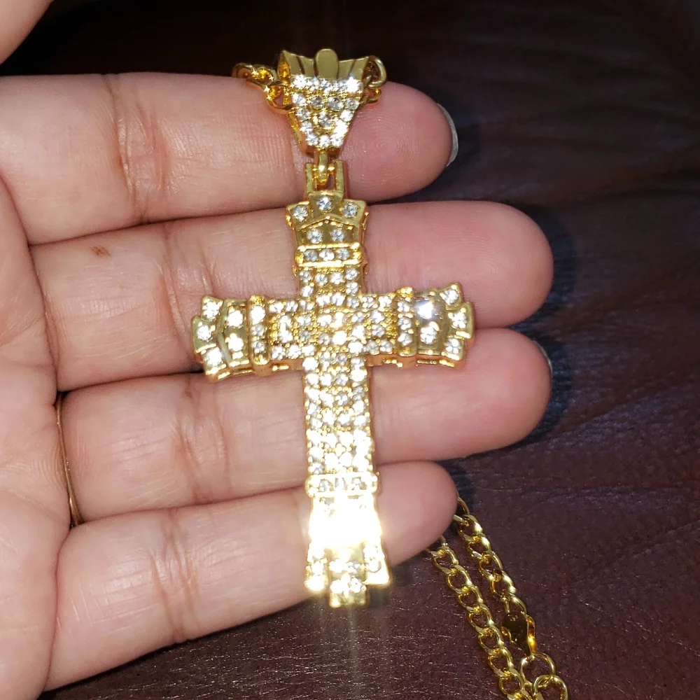 Gold Tone CZ Cross Pendant Necklace